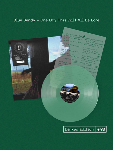 SUPER LIMITED 'DINKED' NUMBERED EDITION TRANSPARENT GREEN LP W/ HAND-SCRIBBLED A4 ACETATE LYRIC SHEET