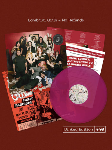 LAMBRINI GIRLS - NO REFUNDS VINYL (SUPER LTD. 'DINKED' ED. 'DON'T DINK SHAME' MAGENTA LP W/ *SIGNED* INSERT + BUMPER STICKER + DOUBLE SIDED CALENDAR / POSTER & LAMBRINI GIRLS CUSTOMER FEEDBACK FORM)
