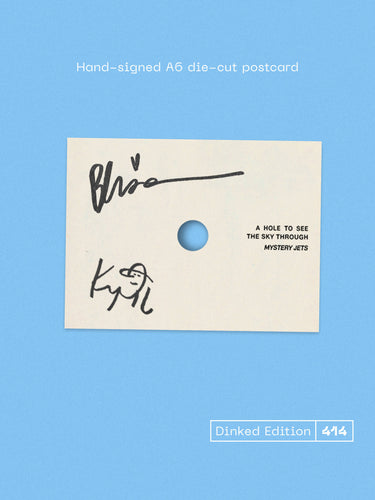 MYSTERY JETS - A HOLE TO SEE THE SKY THROUGH VINYL (SUPER LTD. 'DINKED' ED. BLUE & WHITE 'SKY BURST' LP W/ *SIGNED* A6 DIE-CUT POSTCARD & 'SEE THE SKY' PERFORATED PEEP HOLE SLEEVE)