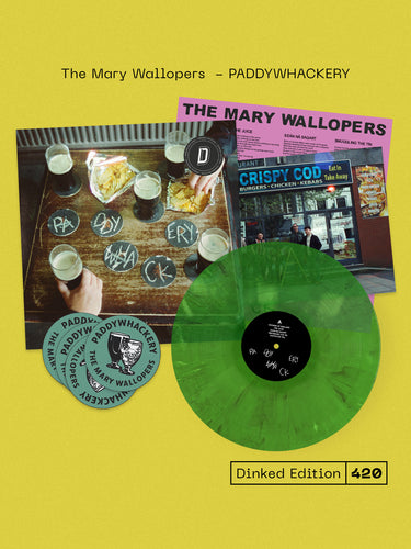 THE MARY WALLOPERS - PADDYWHACKERY VINYL (SUPER LTD. 'DINKED' NUMBERED ED. TRANSPARENT GREEN MARBLE GATEFOLD W/ *SIGNED* PRINT + SET OF 4 BEER MATS)