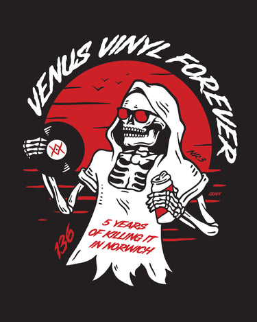 5 YEARS OF KILLING IT IN NORWICH VENUS VINYL NO SWEAT BLACK T-SHIRT (LTD. ED. ECO SCREEN-PRINTED 100% ORGANIC COTTON)