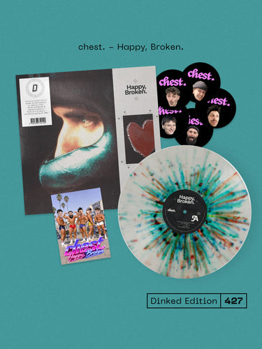 chest. - Happy, Broken. VINYL (SUPER LTD. 'DINKED' ED. GREEN & RED SPLATTER ON NATURAL W/ HAND-NUMBERED & *SIGNED* POSTCARD + PACK OF 5 STICKERS)