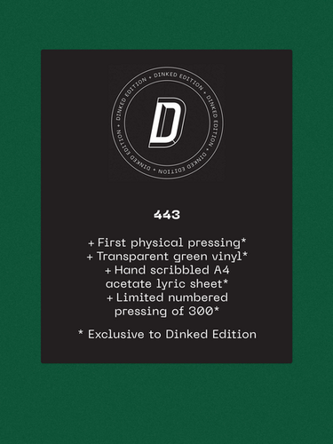 SUPER LIMITED 'DINKED' NUMBERED EDITION TRANSPARENT GREEN LP W/ HAND-SCRIBBLED A4 ACETATE LYRIC SHEET