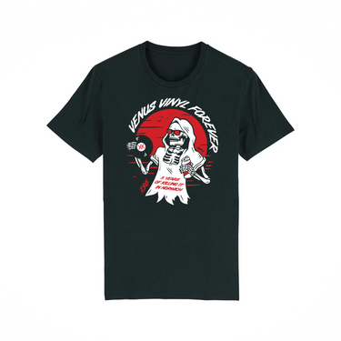 5 YEARS OF KILLING IT IN NORWICH VENUS VINYL NO SWEAT BLACK T-SHIRT (LTD. ED. ECO SCREEN-PRINTED 100% ORGANIC COTTON)