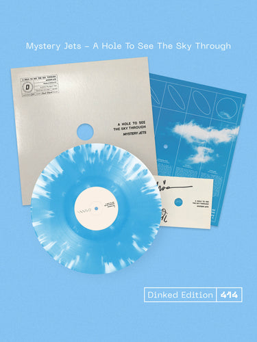 MYSTERY JETS - A HOLE TO SEE THE SKY THROUGH VINYL (SUPER LTD. 'DINKED' ED. BLUE & WHITE 'SKY BURST' LP W/ *SIGNED* A6 DIE-CUT POSTCARD & 'SEE THE SKY' PERFORATED PEEP HOLE SLEEVE)