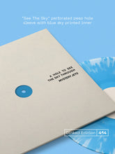 MYSTERY JETS - A HOLE TO SEE THE SKY THROUGH VINYL (SUPER LTD. 'DINKED' ED. BLUE & WHITE 'SKY BURST' LP W/ *SIGNED* A6 DIE-CUT POSTCARD & 'SEE THE SKY' PERFORATED PEEP HOLE SLEEVE)